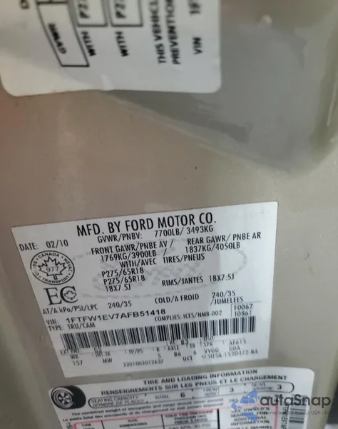 2010 Ford F150 Supercrew from USA, damaged, VIN 1FTFW1EV7AFB51418